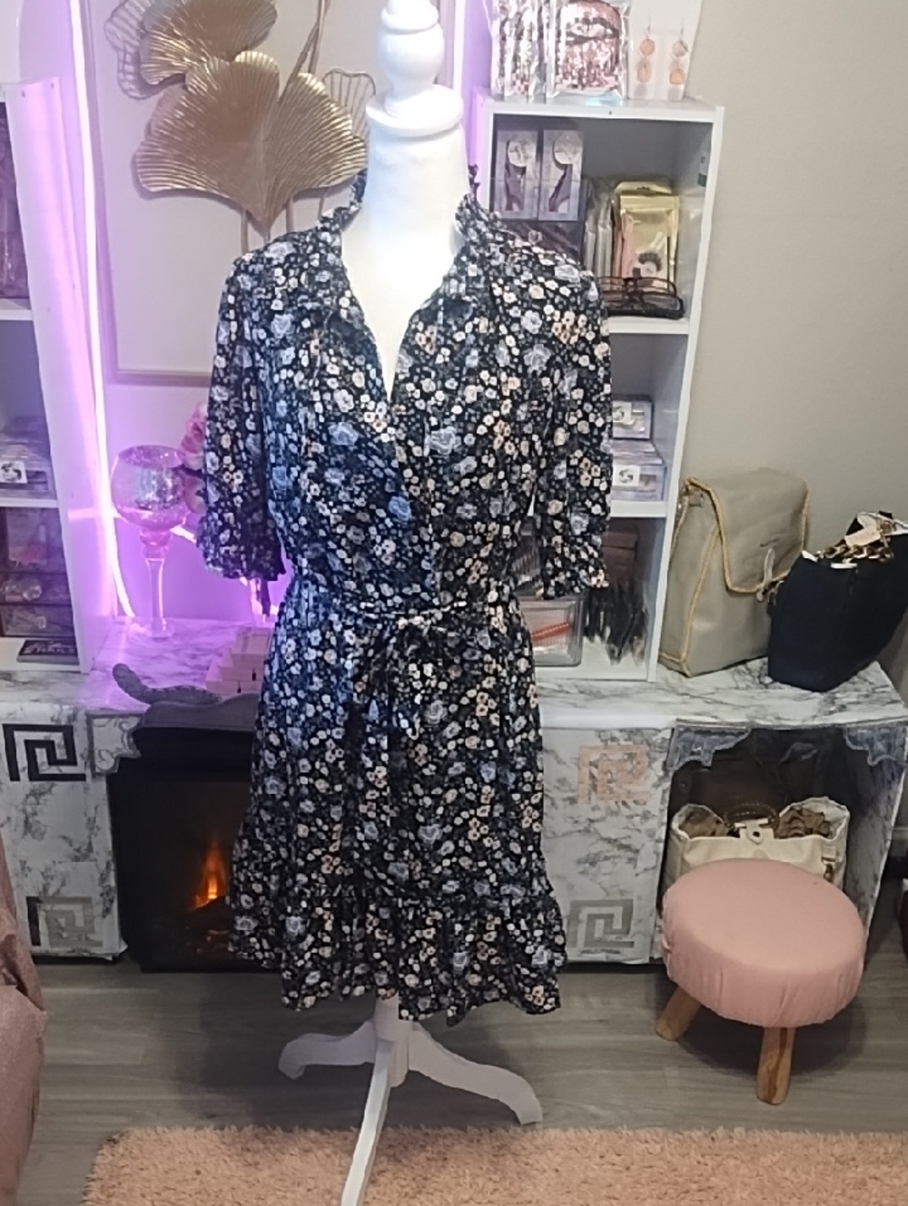 Sage Black Floral Tie-Waist Midi Dress